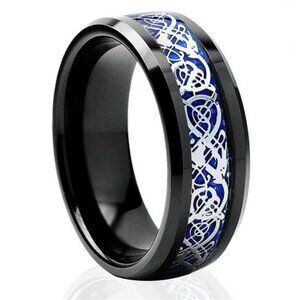 Men's Wedding Band Rings - Blue Black Silver Celtic Dragon Design Wedding Rings